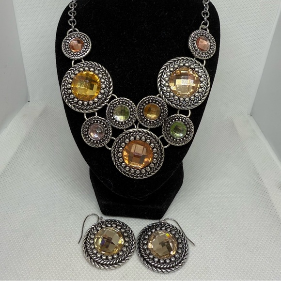 Premier Designs Jewelry - Premier Designs Round Medallion Multicolor Stone Silver-Tone Necklace & Earrings